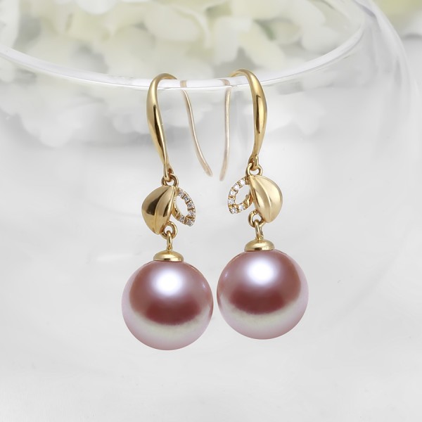 Bông tai vàng 18k ngọc trai thật 10-11mm đính kim cương Roy