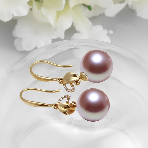 Bông tai vàng 18k ngọc trai thật 10-11mm đính kim cương Roy