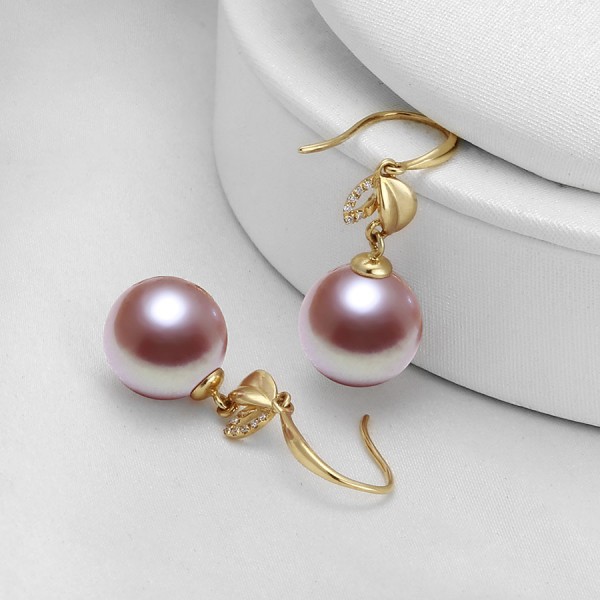 Bông tai vàng 18k ngọc trai thật 10-11mm đính kim cương Roy