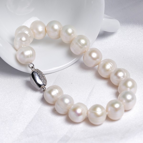Lắc tay ngọc trai nước ngọt tròn 10-12mm trắng chốt bạc S925xi bạch kim gắn đá CZ