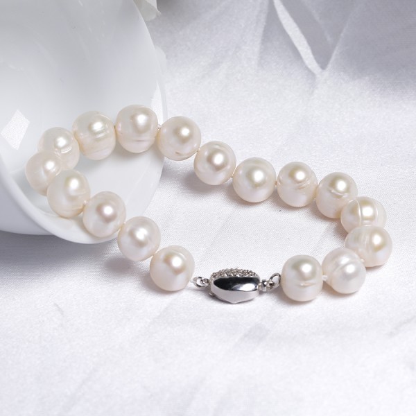 Lắc tay ngọc trai nước ngọt tròn 10-12mm trắng chốt bạc S925xi bạch kim gắn đá CZ