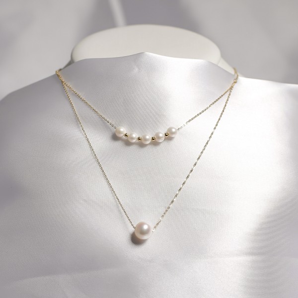 Dây chuyền ngọc trai nước ngọt gắn vàng 18k 2 tầng 5+1trắng