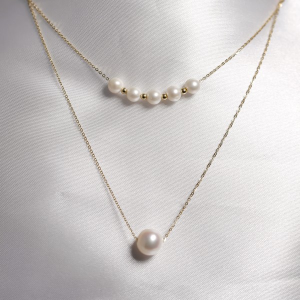 Dây chuyền ngọc trai nước ngọt gắn vàng 18k 2 tầng 5+1trắng