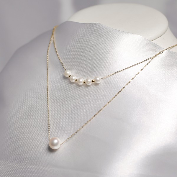 Dây chuyền ngọc trai nước ngọt gắn vàng 18k 2 tầng 5+1trắng