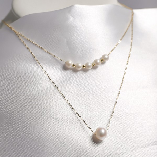 Dây chuyền ngọc trai nước ngọt gắn vàng 18k 2 tầng 5+1trắng