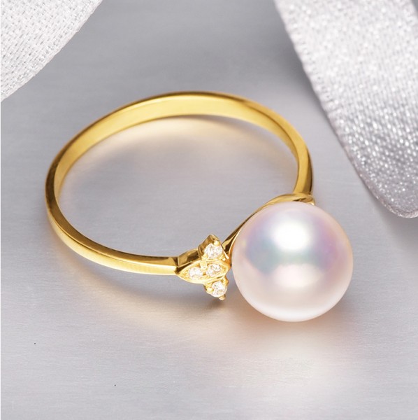 Nhẫn vàng 18k ngọc trai thật Akoya đính Kim cương