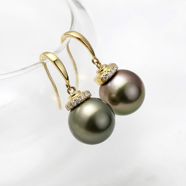 Bông tai vàng 18k ngọc trai Tahiti 11-12mm đính kim cương Furi