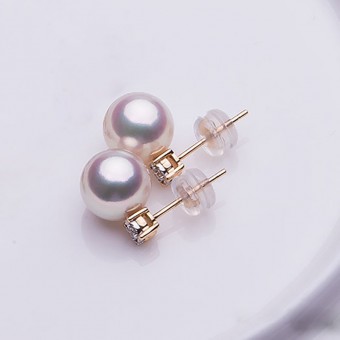 Bông tai vàng 18k ngọc trai Akoya đính kim cương 7,5-9 mm Tio