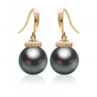 Bông tai vàng 18k ngọc trai Tahiti 11-12mm đính kim cương Furi