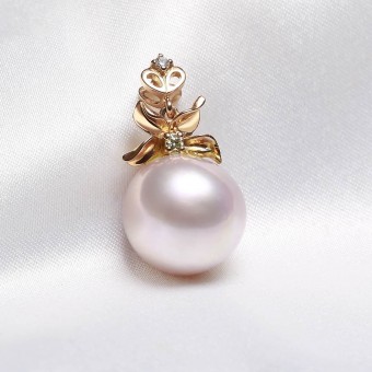 Mặt dây chuyền vàng 18k ngọc trai thật 11-12mm đính kim cương Goki
