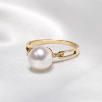 Nhẫn vàng 18k ngọc trai Akoya đính Kim cương Tie 8.5-9mm