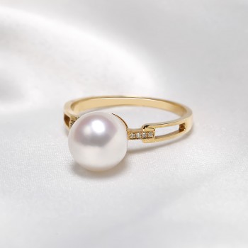 Nhẫn vàng 18k ngọc trai Akoya đính Kim cương Tie 8.5-9mm