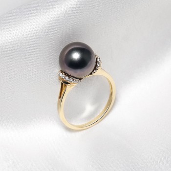 Nhẫn vàng 18k ngọc trai Tahiti 8-9mm đính Kim cương Bourgeon