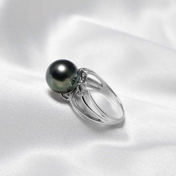 Nhẫn vàng 18k ngọc trai Tahiti Black 8-9mm đính Kim cương