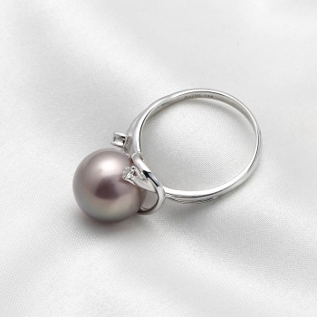 Nhẫn vàng trắng 18k ngọc trai thật đính Kim cương Rounie Pearl