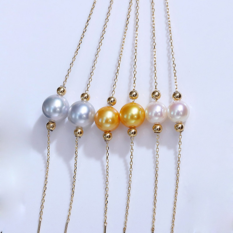 Bông tai vàng 18k ngọc trai biển Akoya 6-7mm Lotus, dáng thả dài, kiểu dáng trẻ trung, hiện đại với ngọc trai biển 3 màu: trắng, vàng, xám.