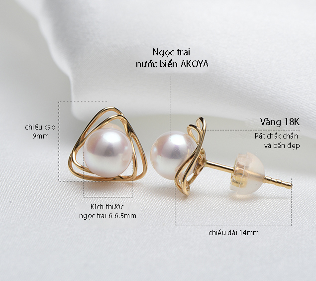 B&ocirc;ng tai v&agrave;ng 18k ngọc trai biển Akoya 6-6.5mm Tes