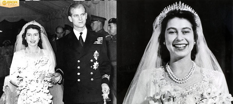Hình ảnh hiếm hoi của vương miện Tiara trong lễ cưới của nữ hoàng Elizabeth II.