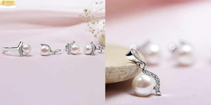 Bộ trang sức nổi bật với sắc trắng của bạc 925, đ&aacute; Cubic Zirconia v&agrave; vi&ecirc;n ngọc trai.