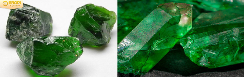Đá Diopside ( trái ) và đá Emerald ( phải ).
